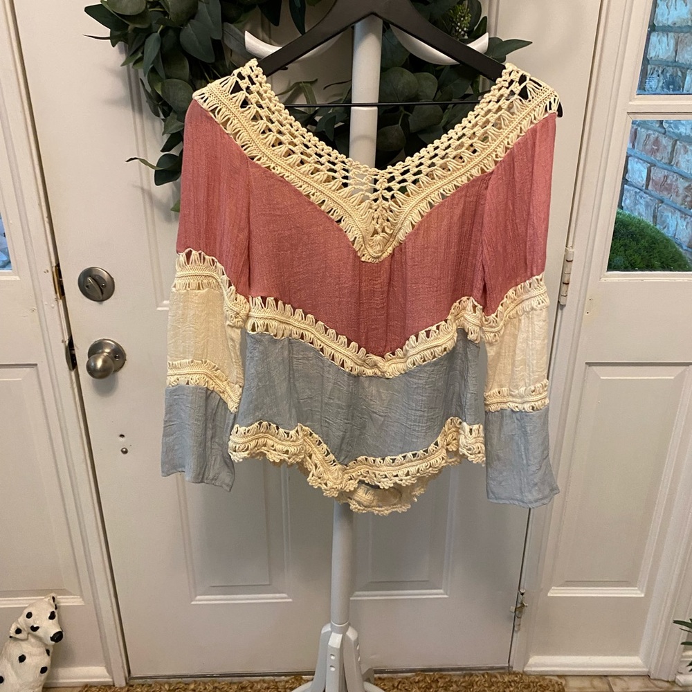 Boho Color Block Crocheted Top Xs S - image 2